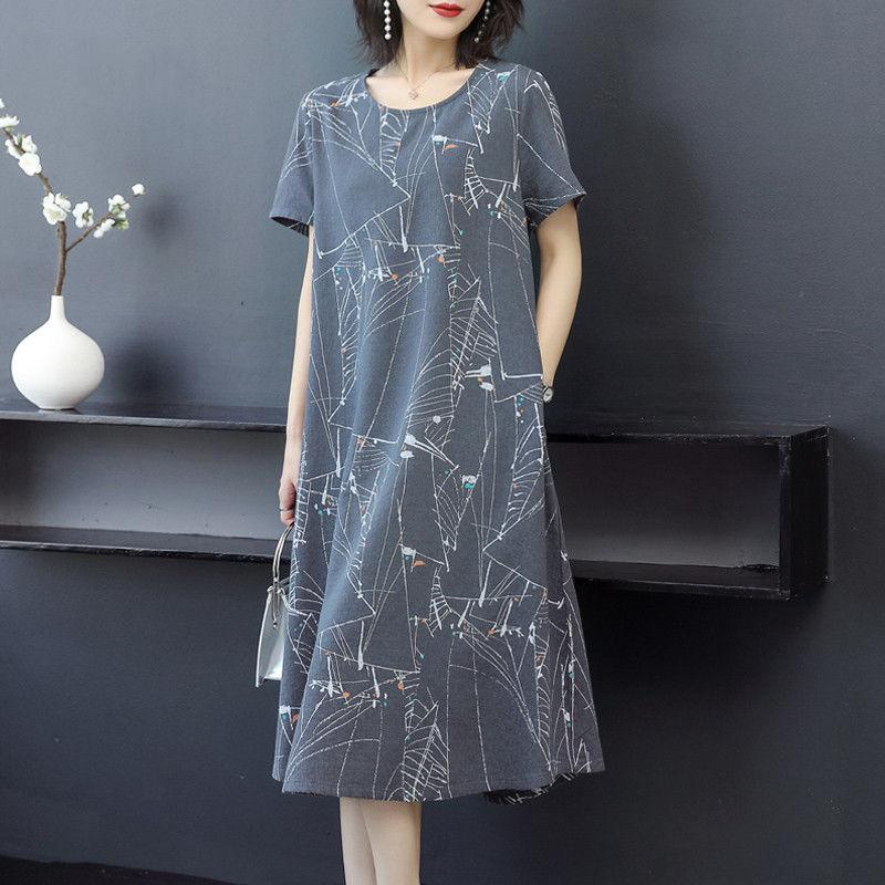 Women's Summer Plus Size Dress Loose Casual Mid-length Over-the-knee Round Neck Pocket Short-sleeved Printed Skirt