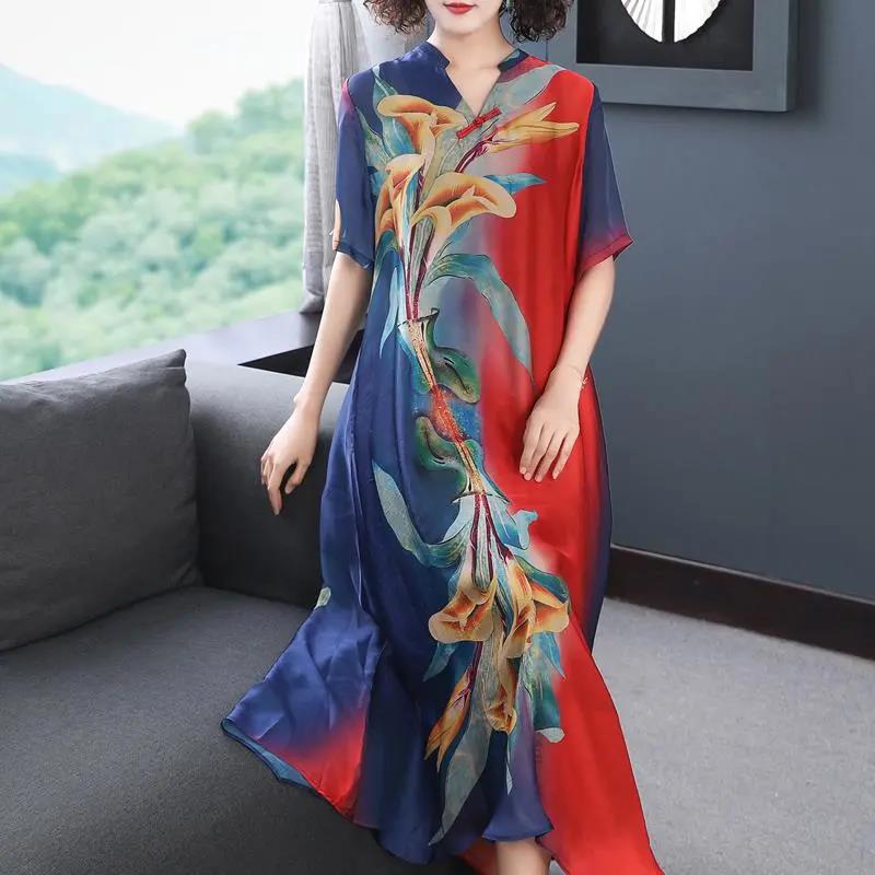 Chinese Style Cheongsam M-XXXXL Women's Summer Dress Middle-aged Short Sleeve Round Neck Printing Mid-length Daily Wear