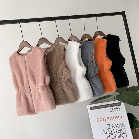 Faux Fur Autumn and Winter Warm Vest Ladies Drawstring Waist Plus Fluff Warm Vest Soft and Comfortable Jacket