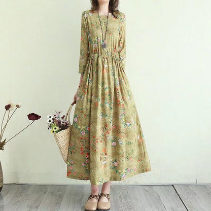 Women Summer Vintage High Waist Long Holiday Dress Elegant Slim Floral Print Pleated Casual Dress