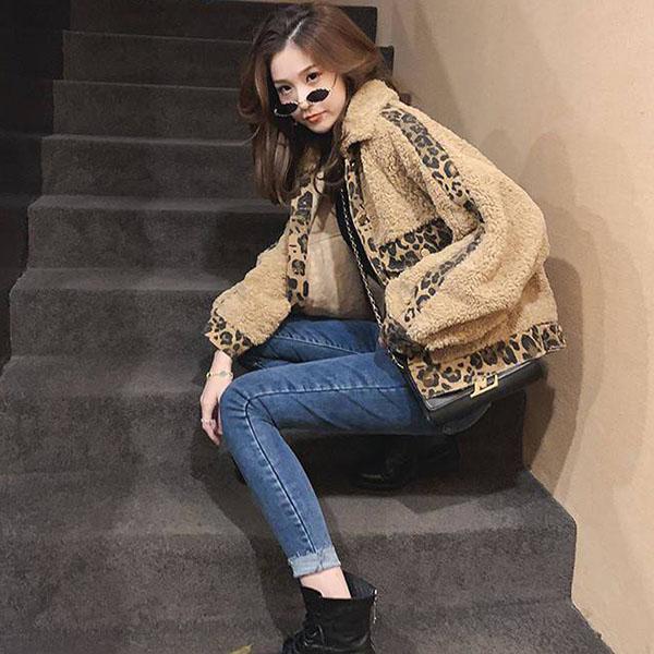 Autumn Winter Women's Loose Imitation Lambs Wool Jacket Coat Student Warmth Leopard Stitching Denim Parka