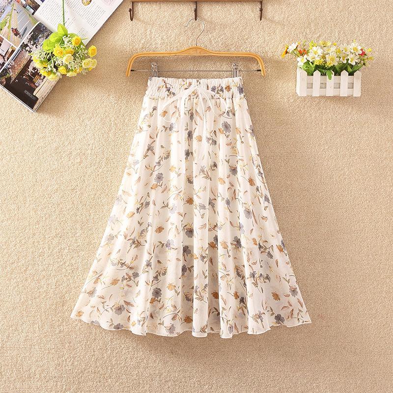 Elastic Waist Pleated Floral Skirt Summer Women's High Waist Mid-length A-line Draping Chiffon Fairy Dress