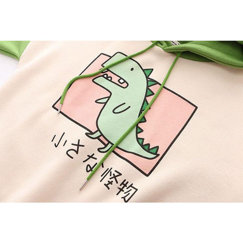 Dinosaur Oversized Cartoon Hoodie Women Sweatshirt Casual Print Korean Style Thicken Sweatshirt Winter Dino Hoodie Tops Cute Warm Sweater