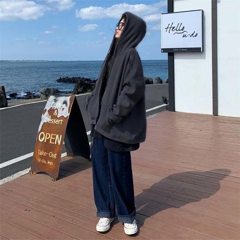 Women's Cardigan Sweater Autumn and Winter Korean Style Loose Plus Velvet Thick Zipper Hooded Coat Casual Sports Jacket