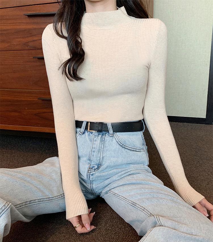 Pure Color Spring and Autumn Ladies Half High Neck Long Sleeve Sweater Bottoming Shirt Slim Half High Neck Sweater
