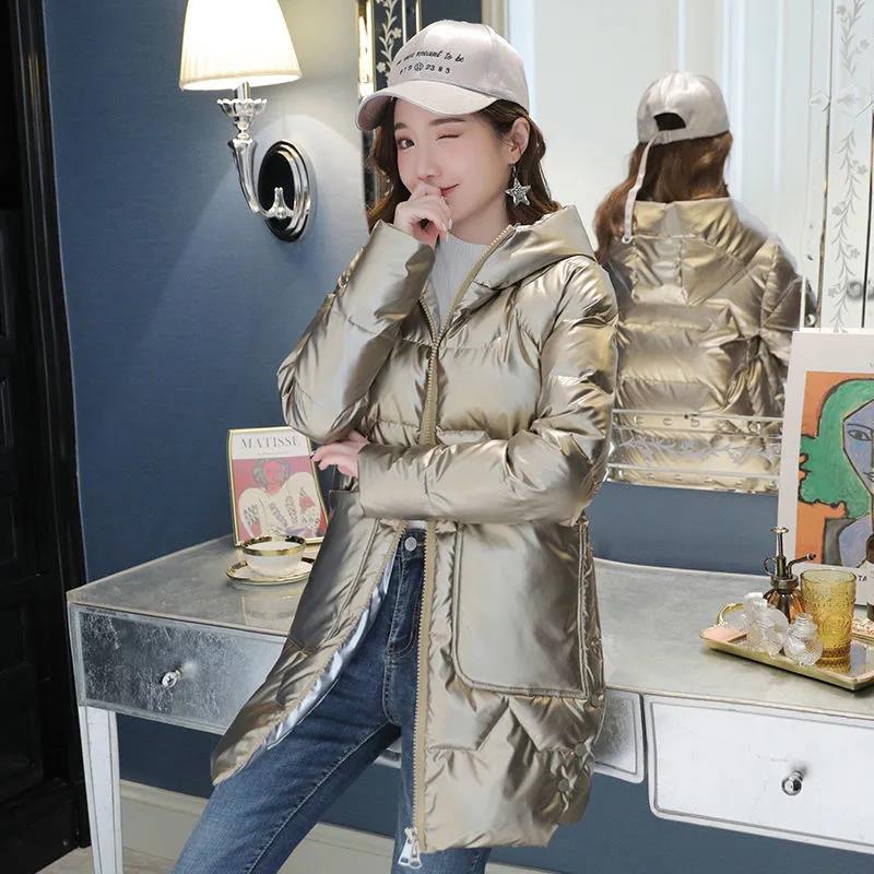 Winter Glossy Down Jacket Korean Thick Hooded Cotton Jacket Solid Color Disposable Mid-length Ladies Down Jacket