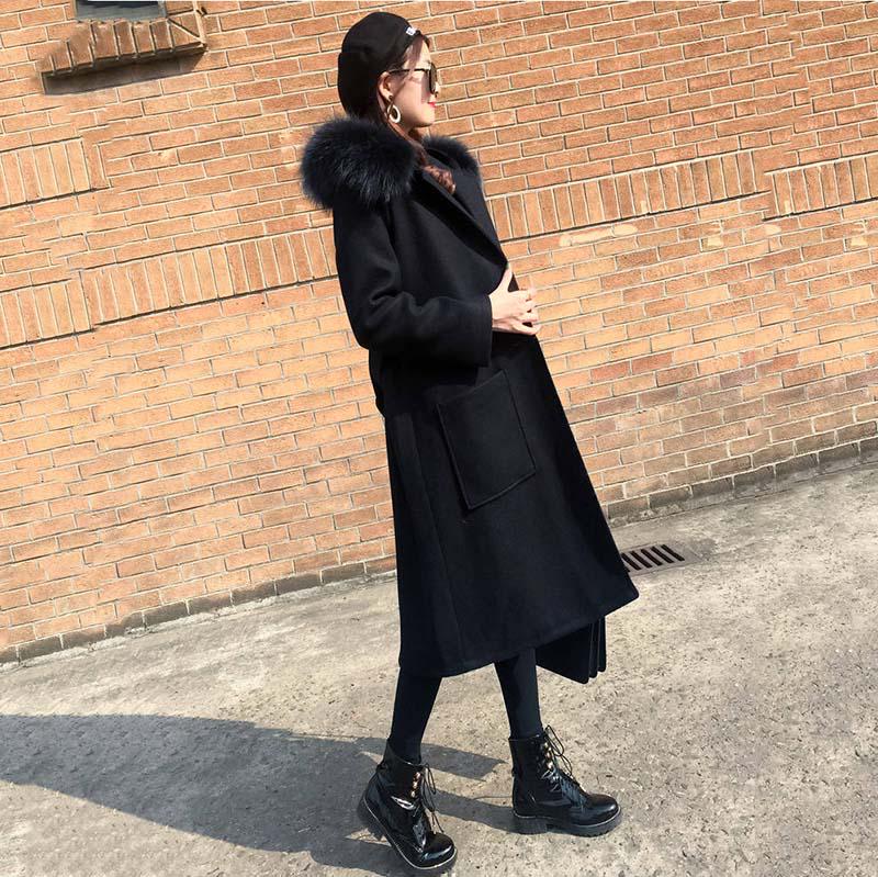 Autumn Winter Coat Cashmere Trench Jacket Women Casual Black Coat with Hooded Warm Pocket Jackets