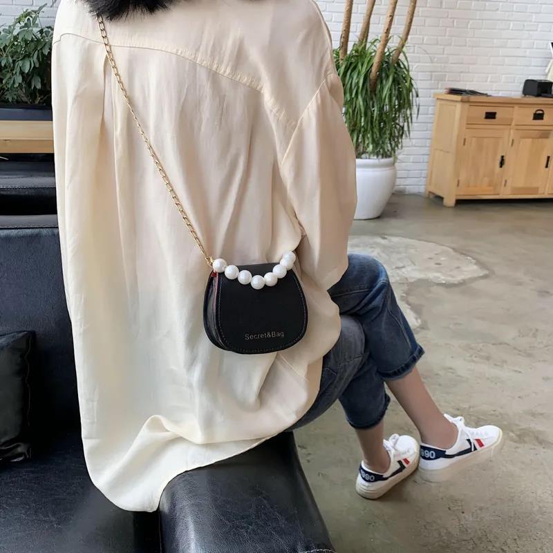 Women Mini Shoulder Messenger Bags Casual Female Crossbody Bags Portable PU Leather Big Pearl Metal Chain