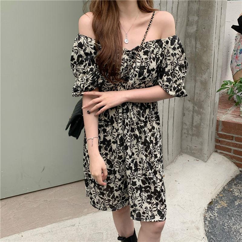 Women's Summer Korean French Slim Super Fairy Knee Shoulder Bubble Sleeve Floral Dress