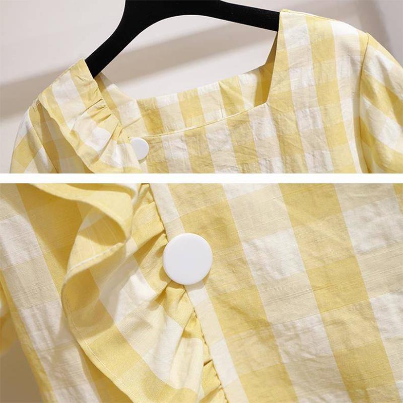 Pofulove Summer Women's Slim Skirt Set Flare Sleeve Plaid blouse Irregular short Skirt Two Piece Set