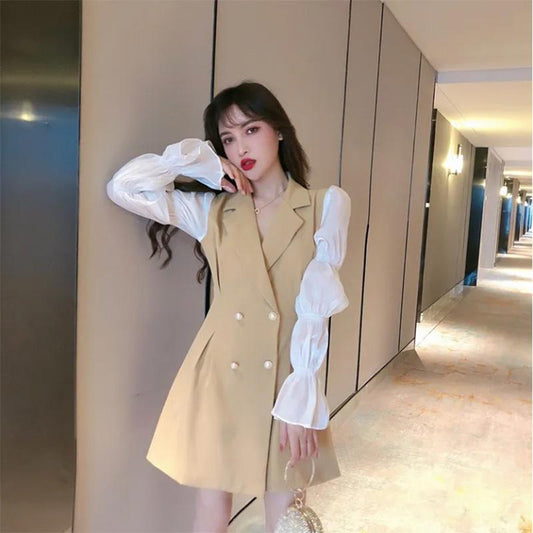 Goddess Fan Clothes Suit Skirt Double Breasted Temperament Bubble Long Sleeve Dress Women's