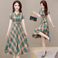Women's Summer Plaid Dress Large Size Loose V-Neck A-Line Skirt
