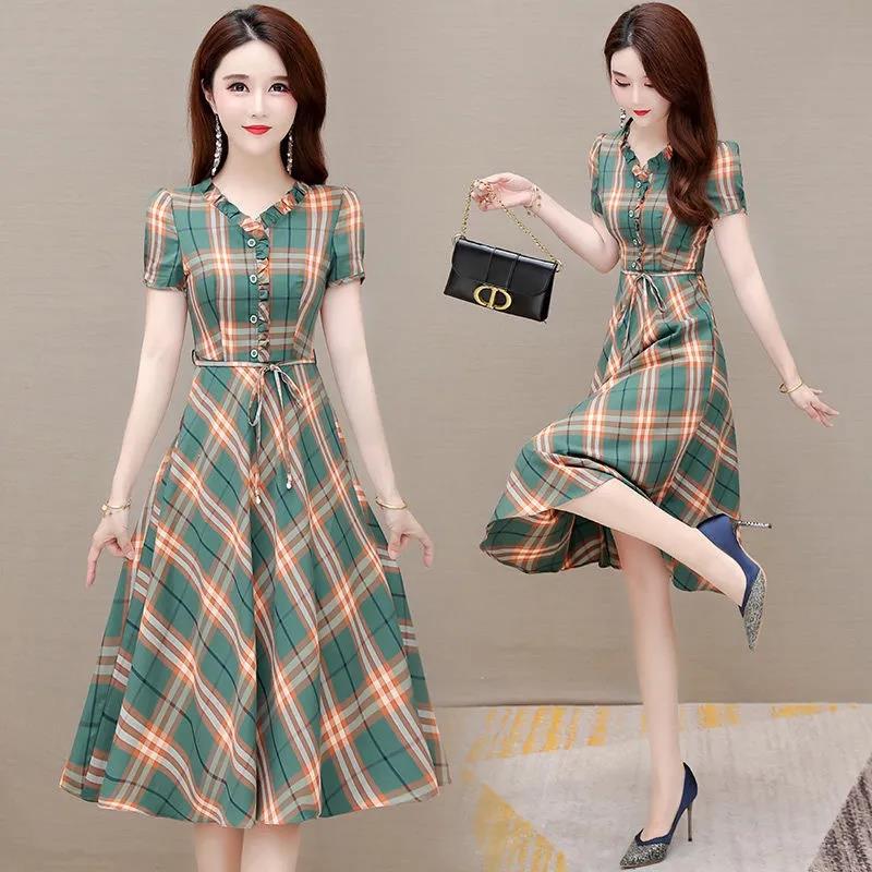Women's Summer Plaid Dress Large Size Loose V-Neck A-Line Skirt