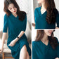 Ladies Dress Solid Color Five-quarter Sleeves Spring and Summer V-neck Large Pockets Pure Cotton Sweat-absorbing Soft and Comfortable