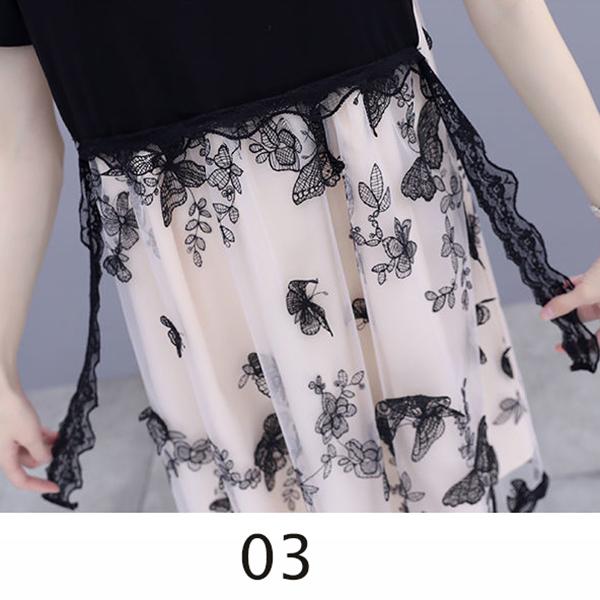 Women Size M-XXXL Summer Printing Knee-length Dress Short  Sleeve Chiffon Lace Mesh A-line Skirt