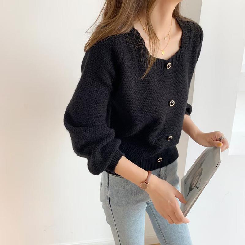 Spring, Autumn and Winter Outer Wear Square Neck Long-sleeved Pullover Sweater Women Loose and Thin Short Knit Sweater Women's Top All-match
