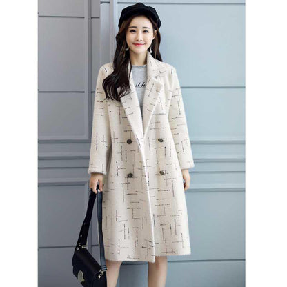 Women's Elegant Mink Fleece Loose Tweed Medium Long Slim Large Striped Tweed Coat