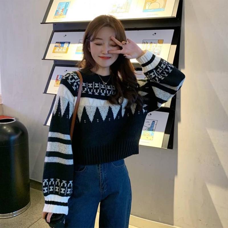 Pofulove women's hooded long-sleeved sweater Loose wind thickening contrast color short sweater