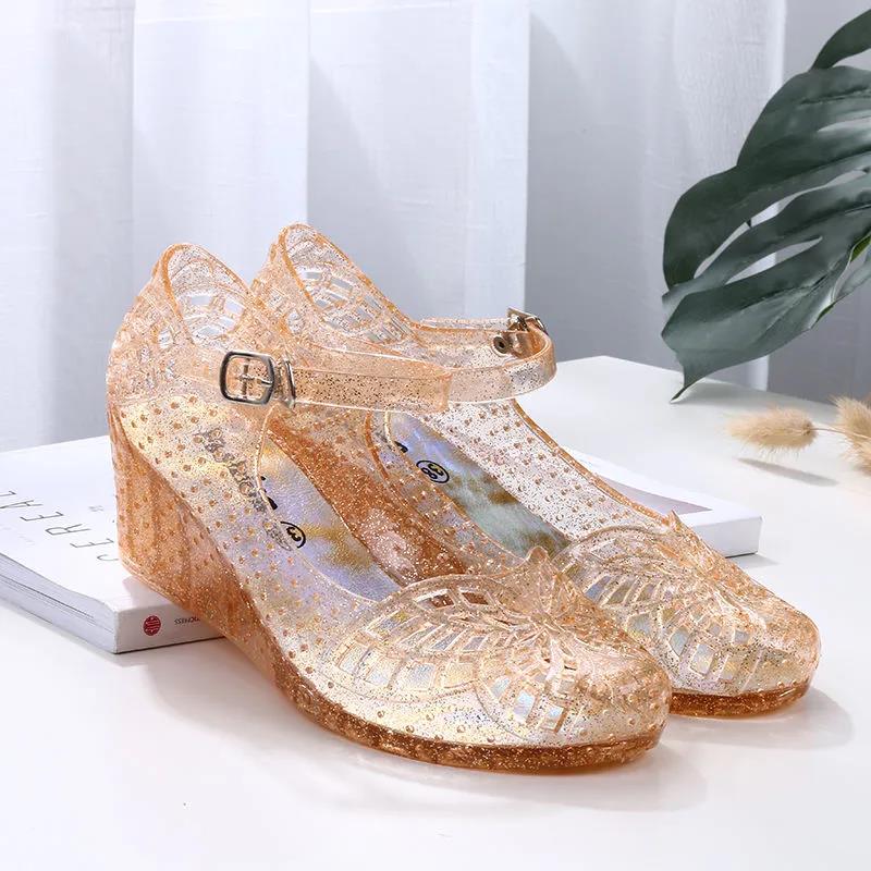 Sandals Women's Summer Baotou Slope with Non-slip Soft Bottom Breathable Hole Transparent Word with Crystal Jelly Shoes