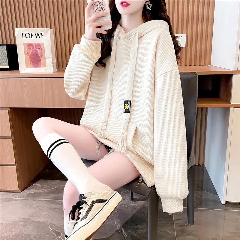 Sweatshirts Women's Waffle Hooded Mid-length Spring and Autumn All-match Large Size Loose Top