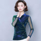 Women's Spring Autumn Long Sleeve Top V-Neck Slim Fit Mesh Bottoming Shirt