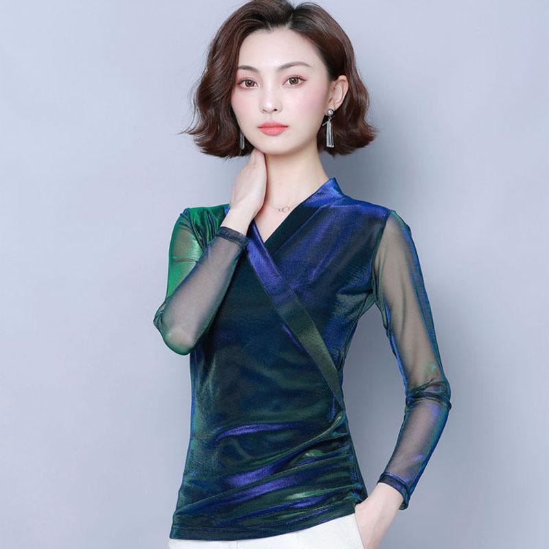 Women's Spring Autumn Long Sleeve Top V-Neck Slim Fit Mesh Bottoming Shirt