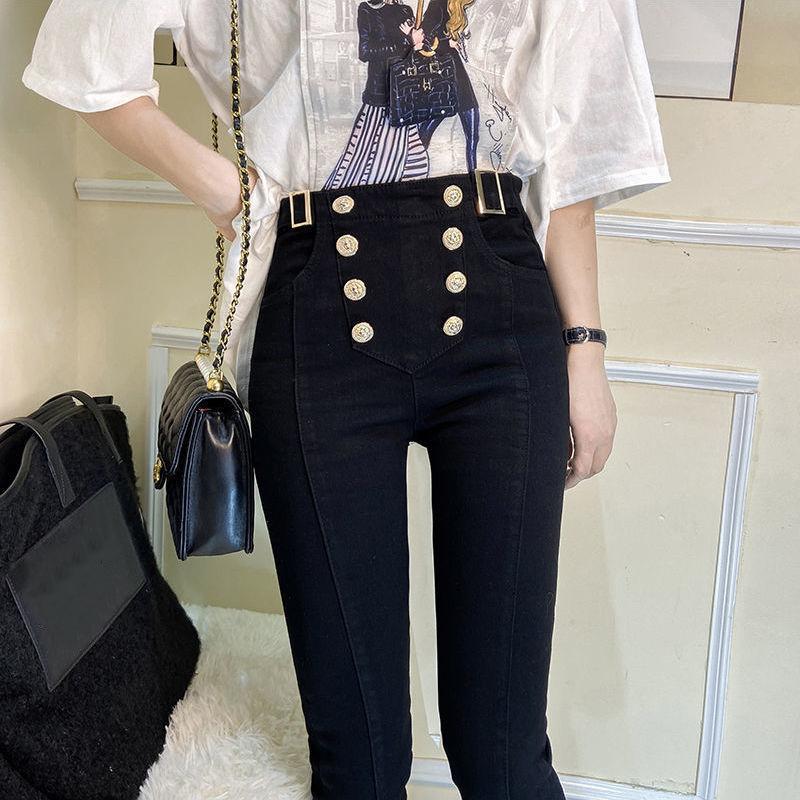 WTEMPO Stretch Trousers Double Breasted Leggings Women's High Waist Worn Outside Cotton Black Tight Pants