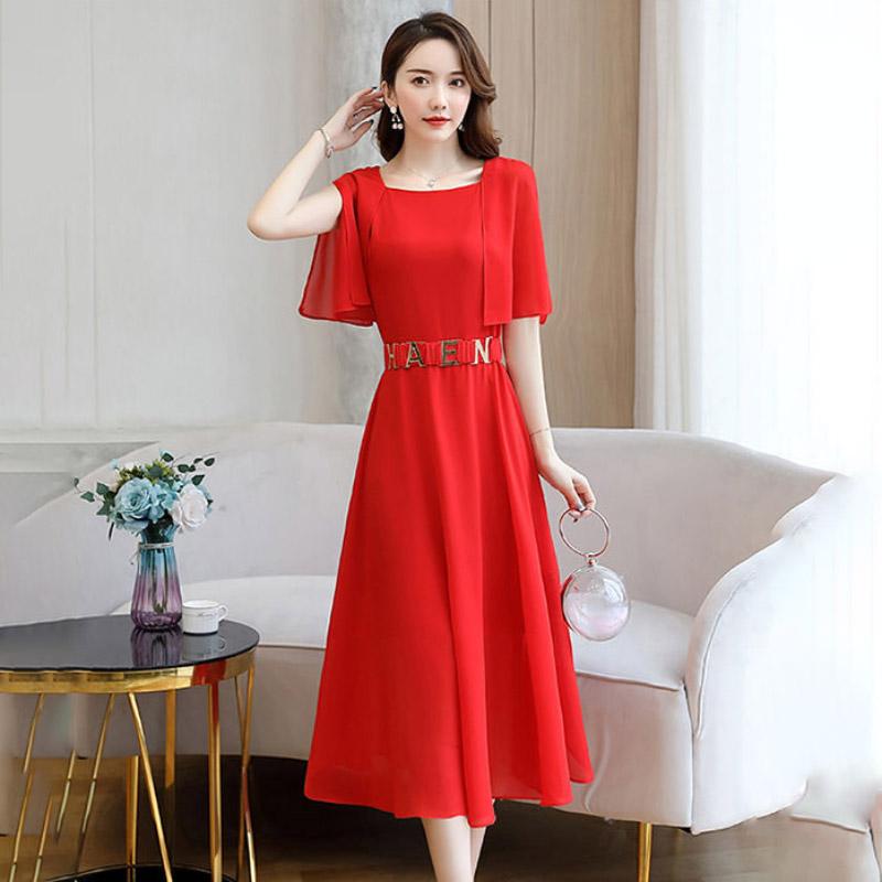 Spring Summer Chiffon Dress Female Short-sleeved Round Neck Mid-length Solid Color Over-the-knee Long Skirt Waist Is Thin