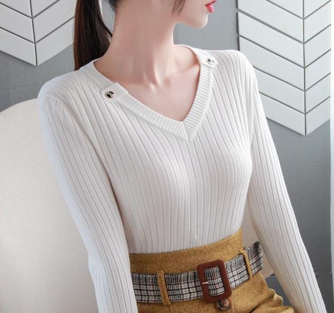 Women's V-Neck Knit Sweater Fashion Slim Solid Color Sweater Outer Wear Pullover