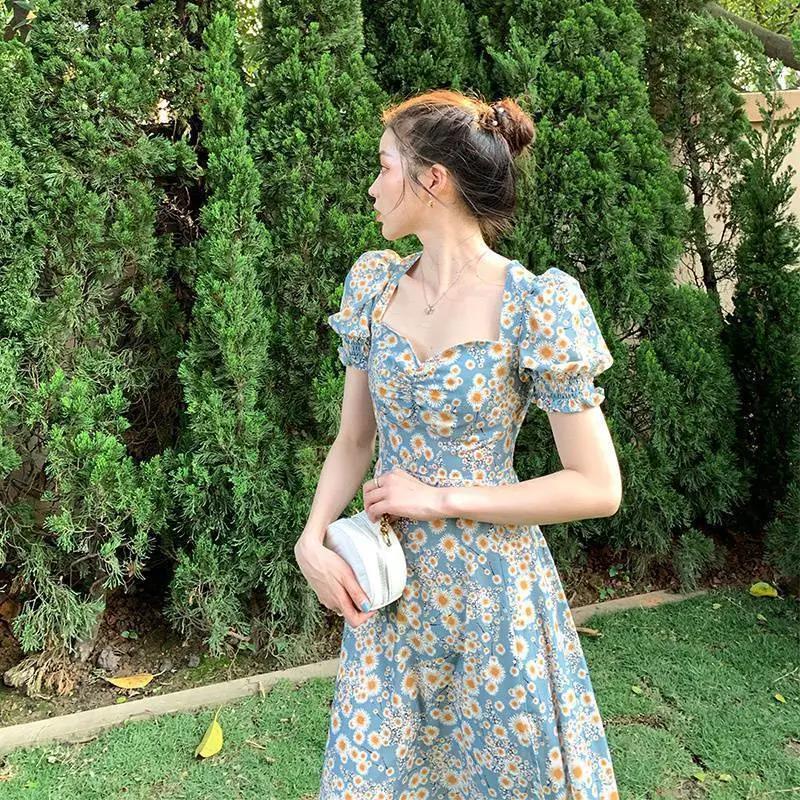 Women's Summer Floral Skirt Puff Sleeve Mid Length Slit Square Neck Dress