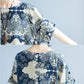 WTEMPO Plus Size Cotton and linen Flower Printing Women Dress Summer Short Sleeve Round Neck Long Dress Casual Mid-calf Length