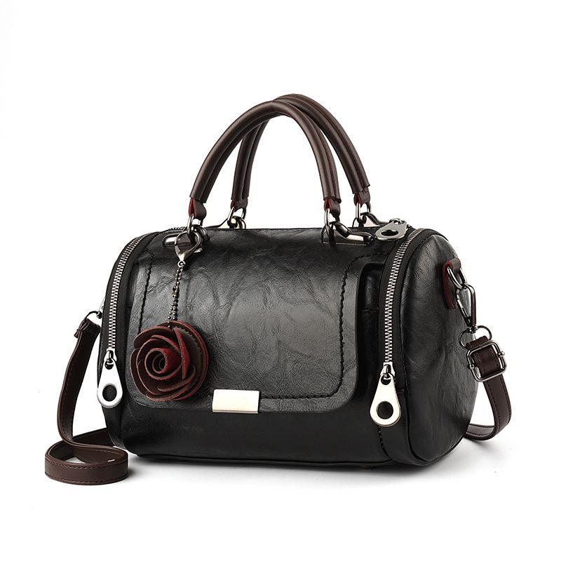 Top-handle Bag Women Handbag Retro Leather Shoulder Handbag Portable Pillow Bag with Rose Pendant