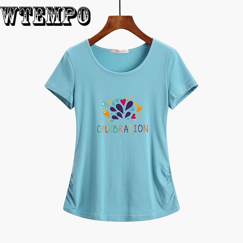 Women T-shirt  Letters Print Slogan tshirts Cotton Round Neck Short Sleeve Casual Plus Size Tops