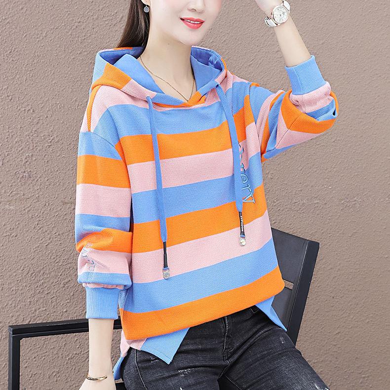 Women's Large Size Striped Hoodies Spring and Autumn Cotton Loose Coat Slim Versatile Long Sleeve Tops