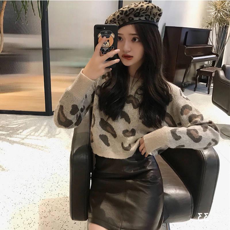 3 Colors Leopard O-neck Pullover Long Sleeve Short Twist Sweater Women Open Waist Knitwear