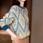 Sweater Women's Round Neck Jacquard Pullover Rhombus Check Retro Knitwear Korean Loose Top Trending Sweater Autumn and Winter