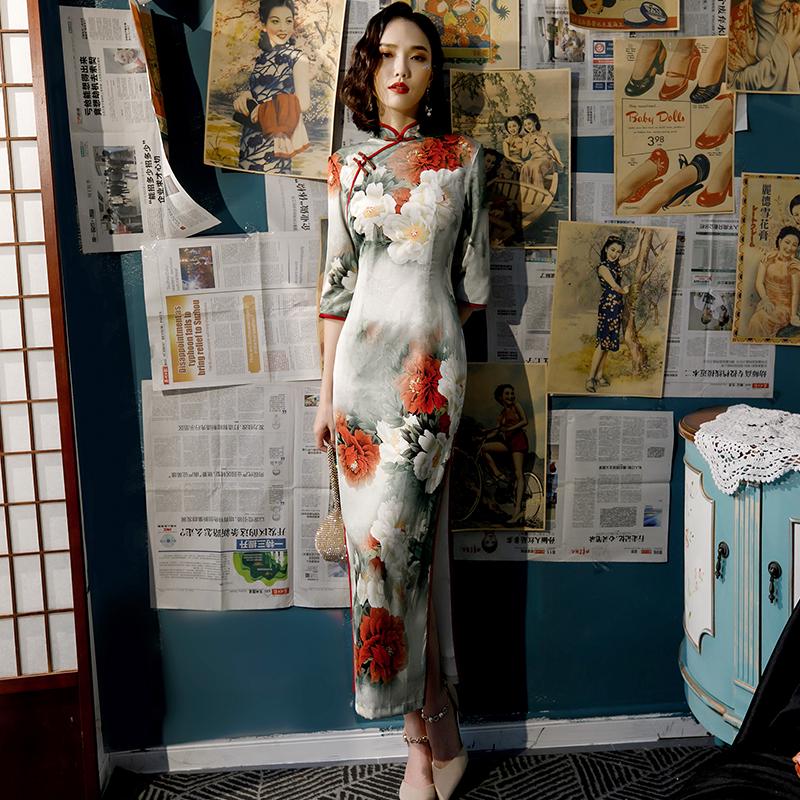 Split dress spring and autumn cheongsam female retro chinese style long cheongsam slim sleeves