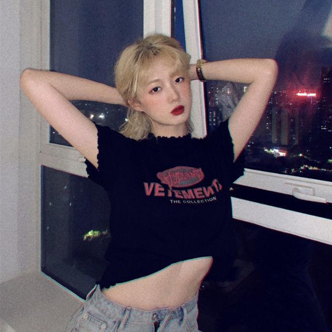 Summer Korean Girls Loose Letter-printed Short-sleeved T-shirt with Curls