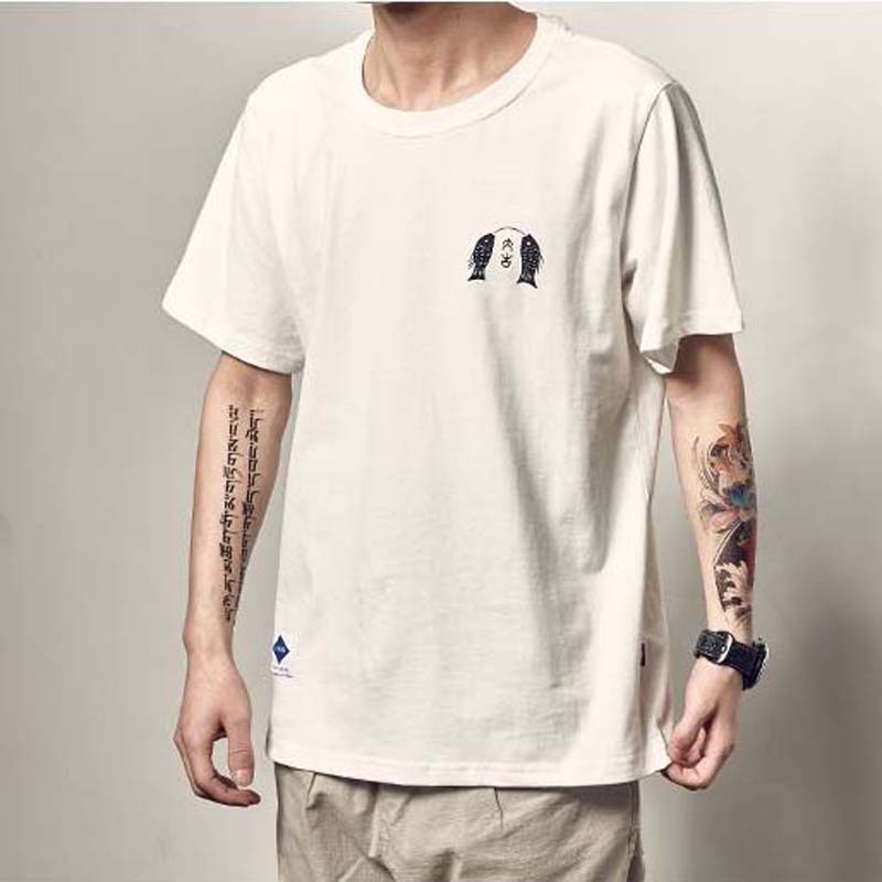 Summer New Japanese Five-point T-shirt Men's Retro Acrobatic Cat Printing Comfortable and Versatile Short Sleeves