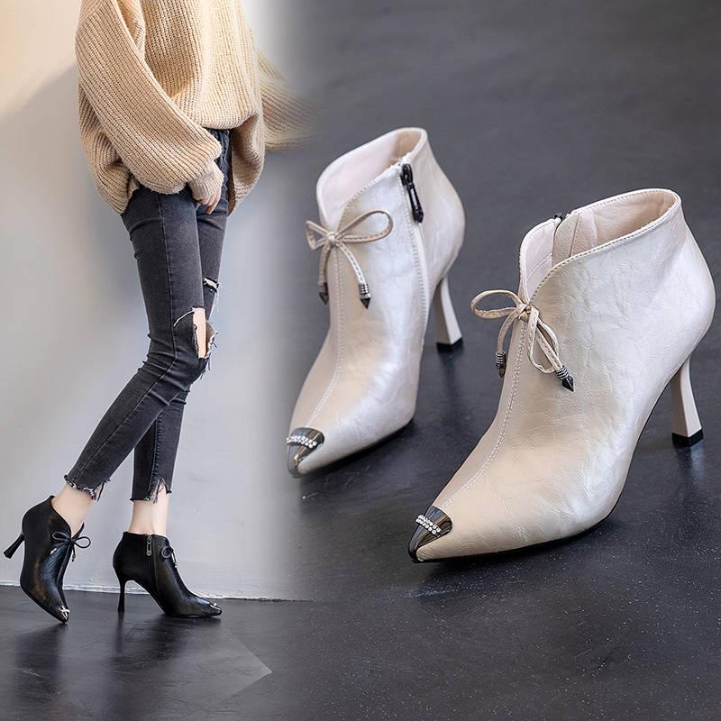 Autumn Winter Women Boots Zipper High Heels Sexy Pointed Toe Bowknot Shoes