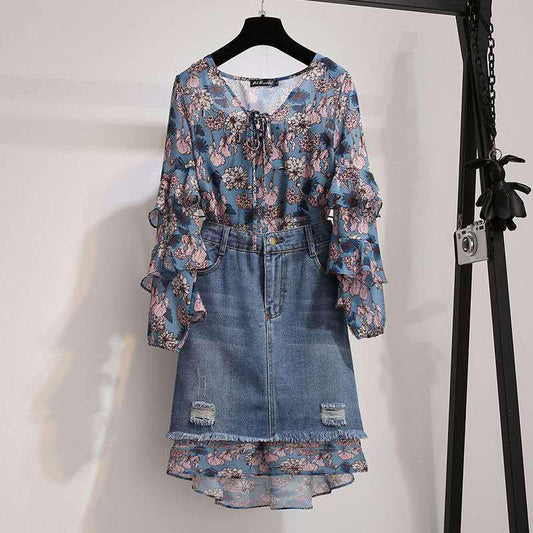 Fashion Women Plus Size Dress Skirt Set Spring Summer Floral Fold Dress Denim Skirt Two-piece Suit
