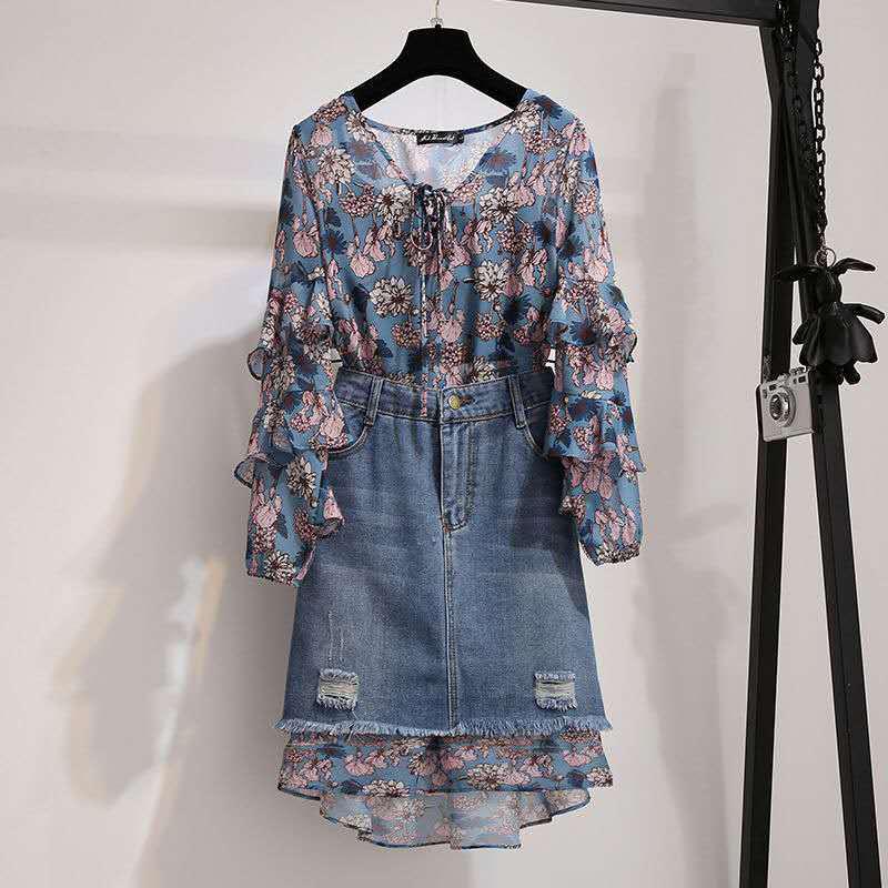 Fashion  Women Plus Size Dress Skirt Set Spring Summer Floral Fold Dress Denim Skirt Two-piece Suit