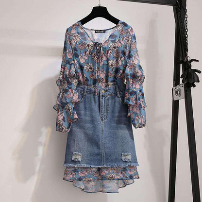 Fashion  Women Plus Size Dress Skirt Set Spring Summer Floral Fold Dress Denim Skirt Two-piece Suit