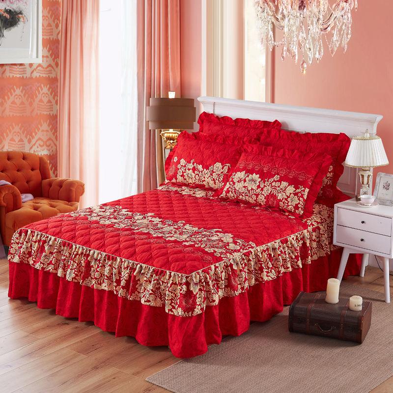 3pcs/set Thickened Queen-size Bed Skirt Cute Princess Wind Bedspread Non-slip Simmons Protective Cover
