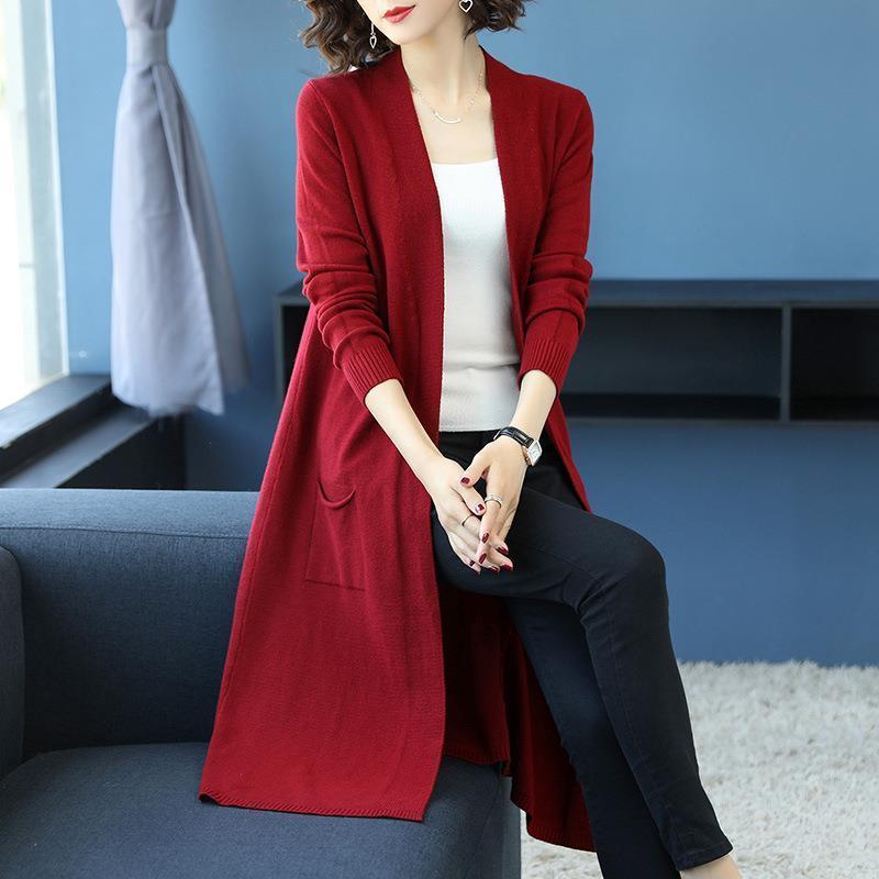 Spring and Autumn Long Knitted Jacket Loose Over The Knee All-match Jacket Fashion Solid Color Female Top