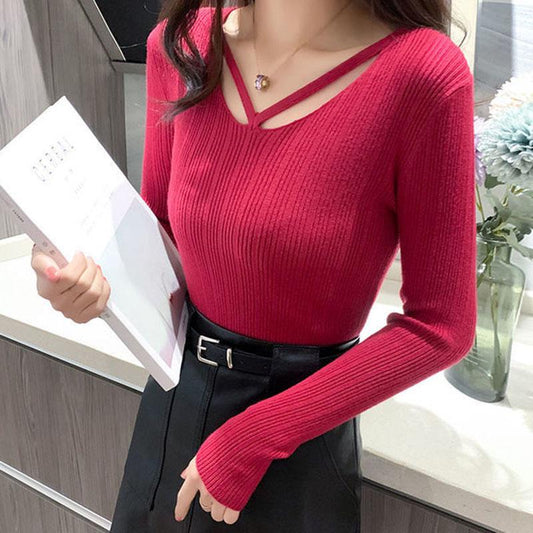 Spring and Autumn Thin Section V-neck Slim Pullover Design Knit Long Sleeve Young Women Sweater