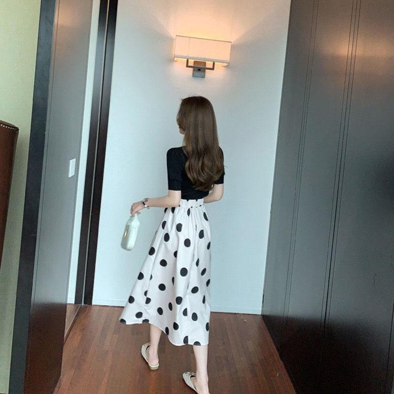 Classic French Suit Women's White Polka Dot Dress Square Collar Black Short-sleeved Top Big Swing A-line Skirt Two-piece Set