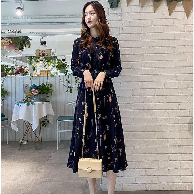 Women's Spring and Autumn Floral Dress Long Sleeve A-Line Stand Collar Mid-length Skirt Shirt Sleeve