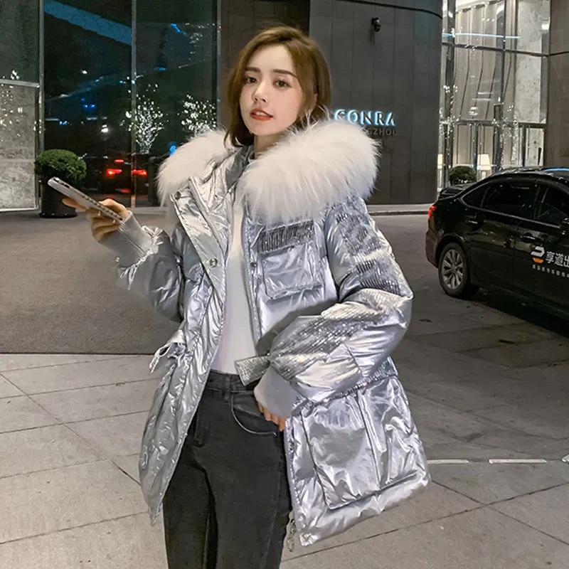 Winter Hooded Down Jacket Women Bright Face Mid-length Large Fur Collar White Duck Down Thick Coat
