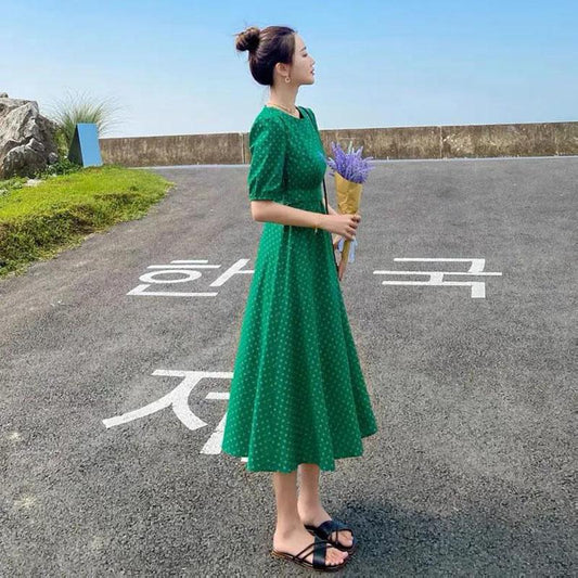 Women's Summer Dress Round Neck Bow Tie Mid-length Skirt